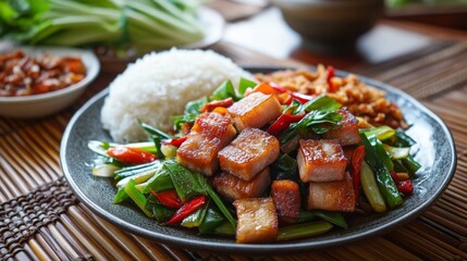 A plate of hot stir-fried morning glory with a side of crispy pork belly, served on a traditional Thai table setting.