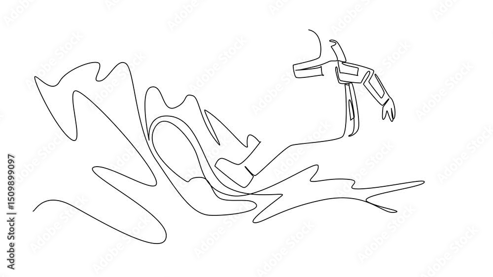 Poster self drawing animation of continuous one line drawing astronaut surfing with waves behind. surfing f