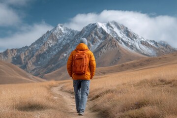 Naklejka premium Hiker in Orange Jacket Ascending Mountain Path, Serene Landscape
