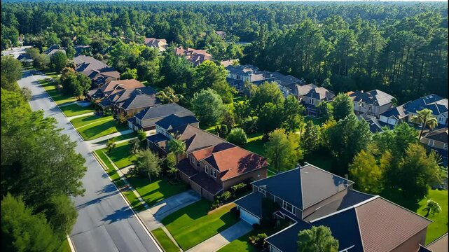 Aerial view of peaceful residential homes surrounded by green trees. 