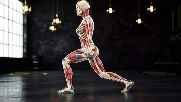Female Anatomical Model Performing Dumbbell Squats &ndash; Muscle Activation Visualization, Front View, Gym Background