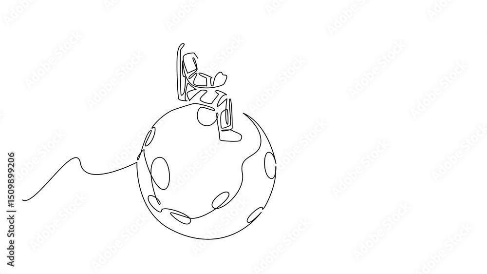 Poster self drawing animation of continuous one line drawing astronaut fishing while sitting on full moon. 