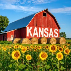 Sunlit kansas barn with hay bales and blooming sunflowers