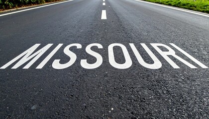 Asphalt road with missouri state name marking in white letters, symbolizing a travel route