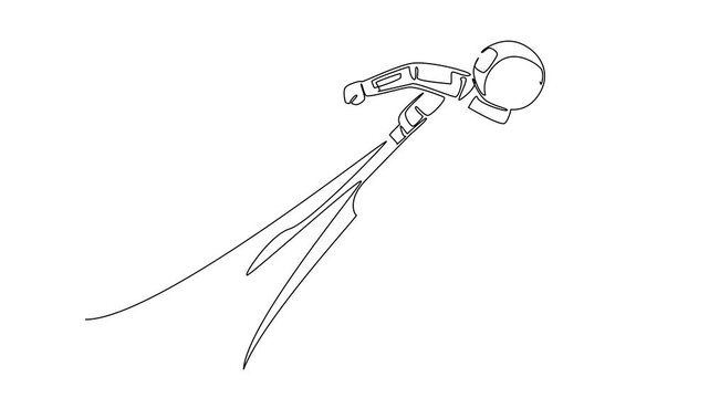 Animated self drawing of single one line drawing astronaut flying using jetpack. Technology that makes things easier. Collecting data faster. Cosmonaut. National Astronaut Day. Full length animation