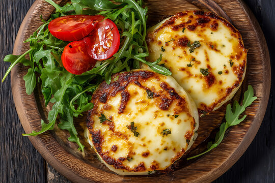 argentinian provoleta cheese with salad top view