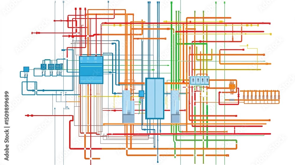 Poster a complex, colorful technical diagram featuring interconnected systems and pathways in a schematic l