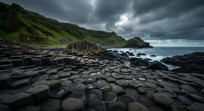 Giant's Causeway Ireland's Dramatic Coastal Hexagonal Basalt Columns, Ocean Views, and Cloudy Skies