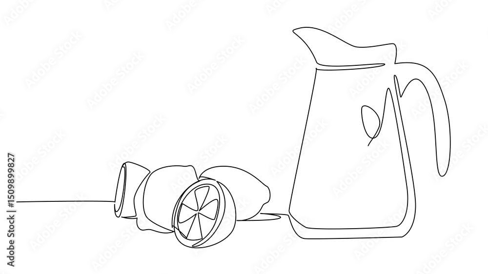 Poster animation of single continuous line drawing lemonade in glass jug or pitcher. cold drinks prevent de