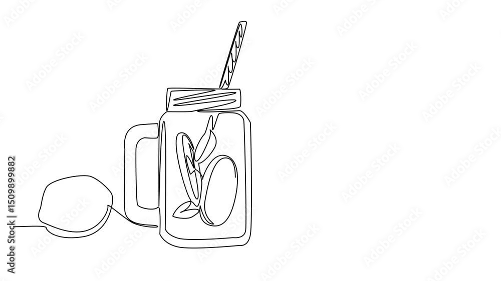 Poster self drawing animation of single one line drawing lemonade, lemon slices and leaves in a mug. simple