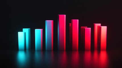 A professional D bar graph with smooth, glossy bars in shades of red and blue, showing the increasing value of a financial market over time