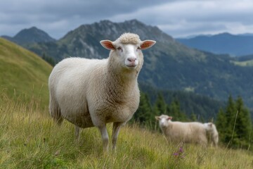 Serene Mountain Sheep: A Pastoral Landscape in Soft Light