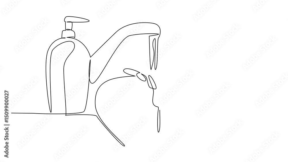 Poster animation of continuous one line drawing hands are being washed in the sink. measures to prevent the