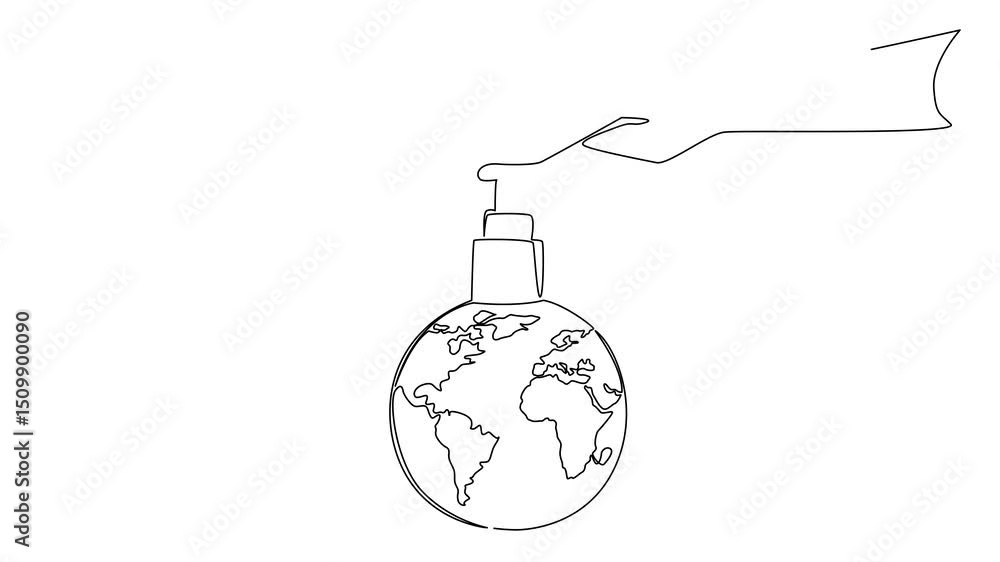 Poster self drawing animation of single one line drawing globe topped with the top of soap bottle. global c