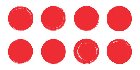 Japanese red circles. Japan crayon brush sun. Hand drawn Asian round set. Rough grunge frames, watercolor borders, scribbles. Ink brush Chinese paint. Calligraphy sunset icons. Isolated vector illustr