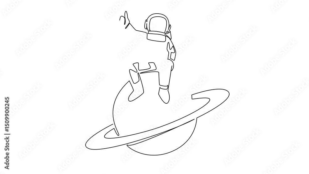 Poster animated self drawing of single continuous line drawing the astronaut sitting on planet saturn while