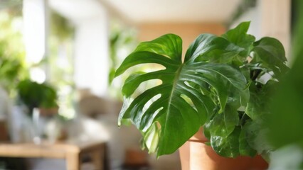 Potted Plant with Large Green Leaves in Terracotta Pot on Wooden Table in Indoor Setting