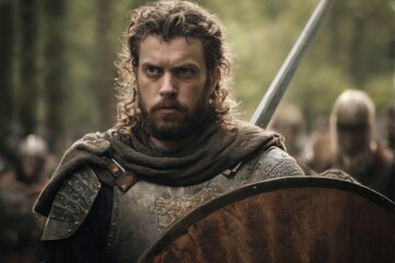 Medieval warrior in armor with shield and sword ready for battle in wooded area, intense expression and focused gaze.