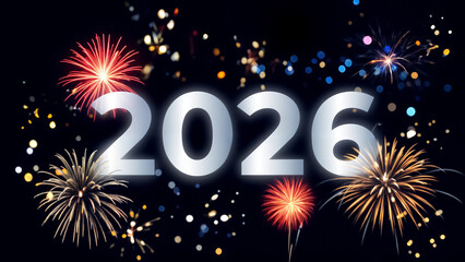 Celebratory fireworks display welcoming the new year of 2026 with vibrant colors and bright lights in a festive atmosphere