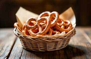 Warm pretzels served in a woven basket on a rustic wooden table at a cozy setting