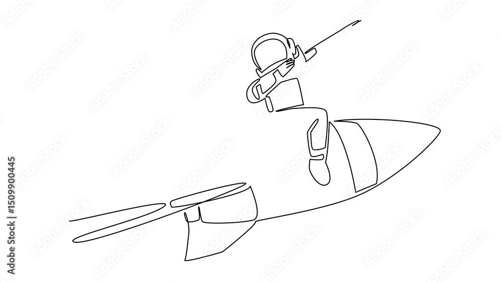 Poster animation of single continuous line drawing astronaut sitting on rocket while posing dabbing style. 