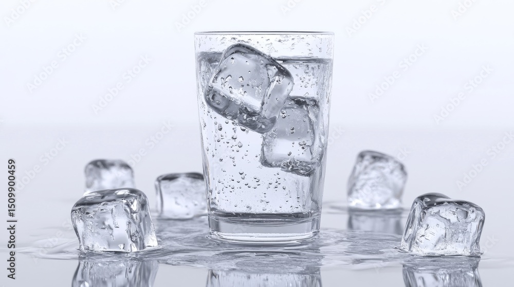 Poster a refreshing image of a cold glass of soda with large ice cubes, condensation dripping down the side