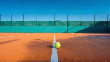 Tranquil Tennis Court with Colorful Clay, Blue Sky, and Yellow Ball, Lowangle Shot