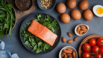 Flat lay food arrangement: salmon, arugula, almonds, and cherry tomatoes on dark grey background with plate and bowls.