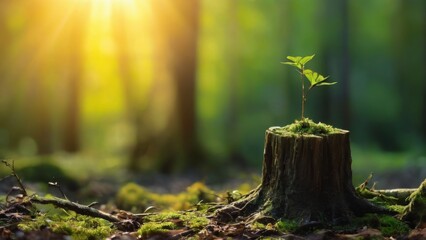 Tranquil forest scene with small plant growing out of mosscovered tree stump, golden sunlight filtering through trees in background.