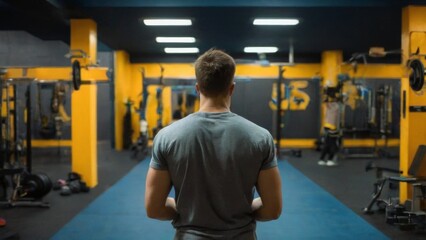 Focused young man training in gym with weightlifting equipment, high ceiling, and vibrant yellow walls