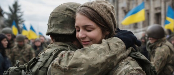 Peaceful embrace between soldier and woman in military uniform, surrounded by fellow troops and Ukrainian flags in city.