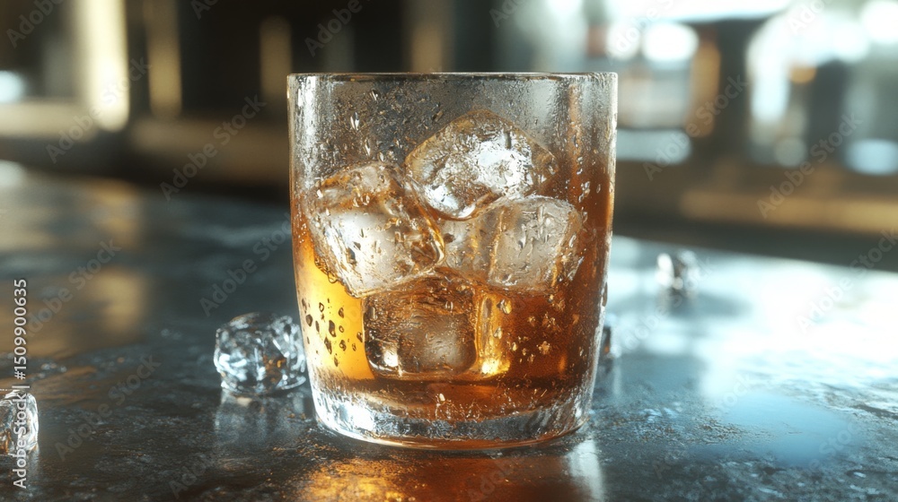 Poster a refreshing soda with ice cubes in a transparent glass, condensation forming on the outside.
