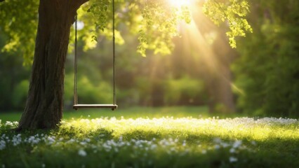 Suspension swing in park with wooden seat between tree trunks, bathed in sunlight with greenery and flowers.