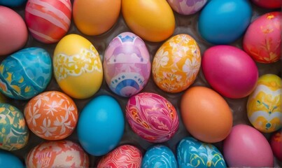 Vibrant CloseUp of Colorful Easter Eggs in Circular Pattern with Unique Designs and Dark Background