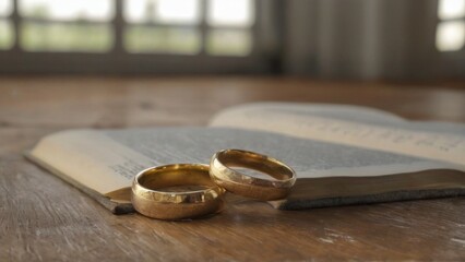 Gold wedding rings on open book, rustic table in natural light setting with blurred background of indoor space.