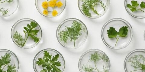 Herbfilled glass bowls in grid formation on white background, showcasing variety of parsley, dill, and dandelion with clean aesthetic.