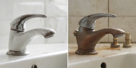 Vintage Silver Faucet in a Bathroom Sink with Rust and Grime, Elevated View