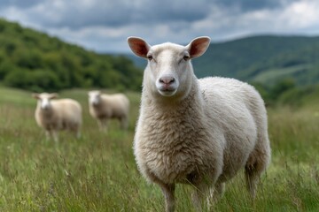 Obraz premium Serene Sheep in Pastoral Landscape: A Rustic and Peaceful Scene