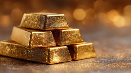 Stack of gold bars on a surface with a blurred golden background.