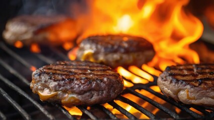 Grilled Hamburgers with Orange Flames on Black Grill, Freshly Cooked with Golden Brown Patty, Outdoor Setting with Trees.