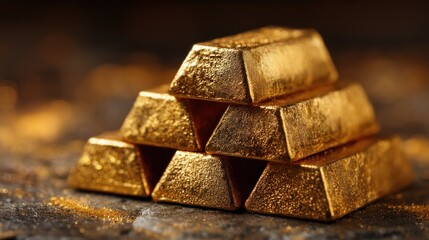 Stack of gold bars or ingots on a rough surface with blurred background.