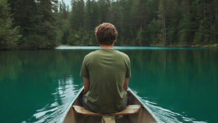 Serene young man in green tshirt sitting in canoe, admiring lake view surrounded by pine trees under cloudy sky.