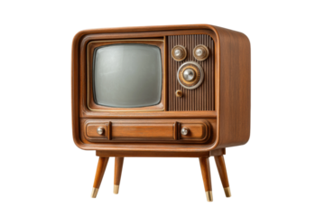 PNG Vintage mid-century wooden television set with dials and antenna legs