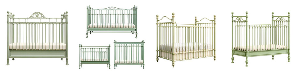 Timeless, vintage cribs displayed in soothing pastel shades, featuring classic detailing, elegant curves, and durable construction to enhance nursery aesthetics and functionality
