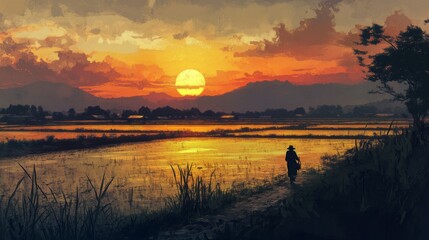 A serene sunset over a rice field, with a farmer walking home after a long day.