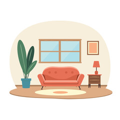 Cozy Living Room Interior with Coral Sofa, Potted Plant, and Window Flat Vector Illustration