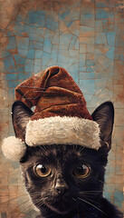 Mosaic Illustration of a Black Cat in Santa Hat