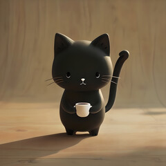 Black Cat Holding Cup In Gentle Wooden Setting