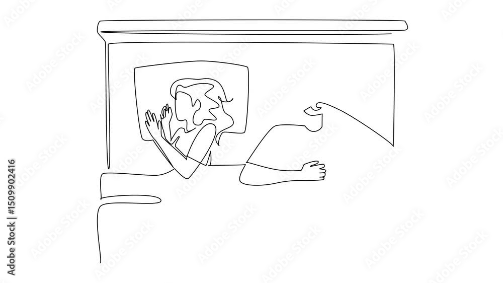 Poster animated self drawing of single continuous line drawing a man sleeping on a bed using a cpap mask ac