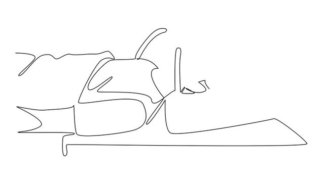 Self drawing animation of single one line drawing a man sleeping on a bed using a blanket while wearing a CPAP mask. Helps keep breathing. Healthcare. Sleep Apnea Awareness Day. Full length animated